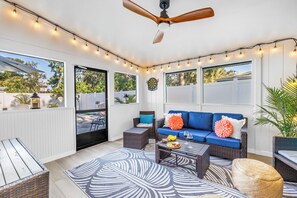 Smart TV, fireplace, books