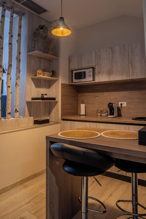 Deluxe Studio Suite | Private kitchen | Mini-fridge, microwave, stovetop, cookware/dishes/utensils - Bizi House Accommodation (Drobeta-Turnu Severin)