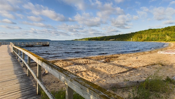 Un molo in legno si protende su un lago con una spiaggia sabbiosa e un pendio boscoso sullo sfondo.