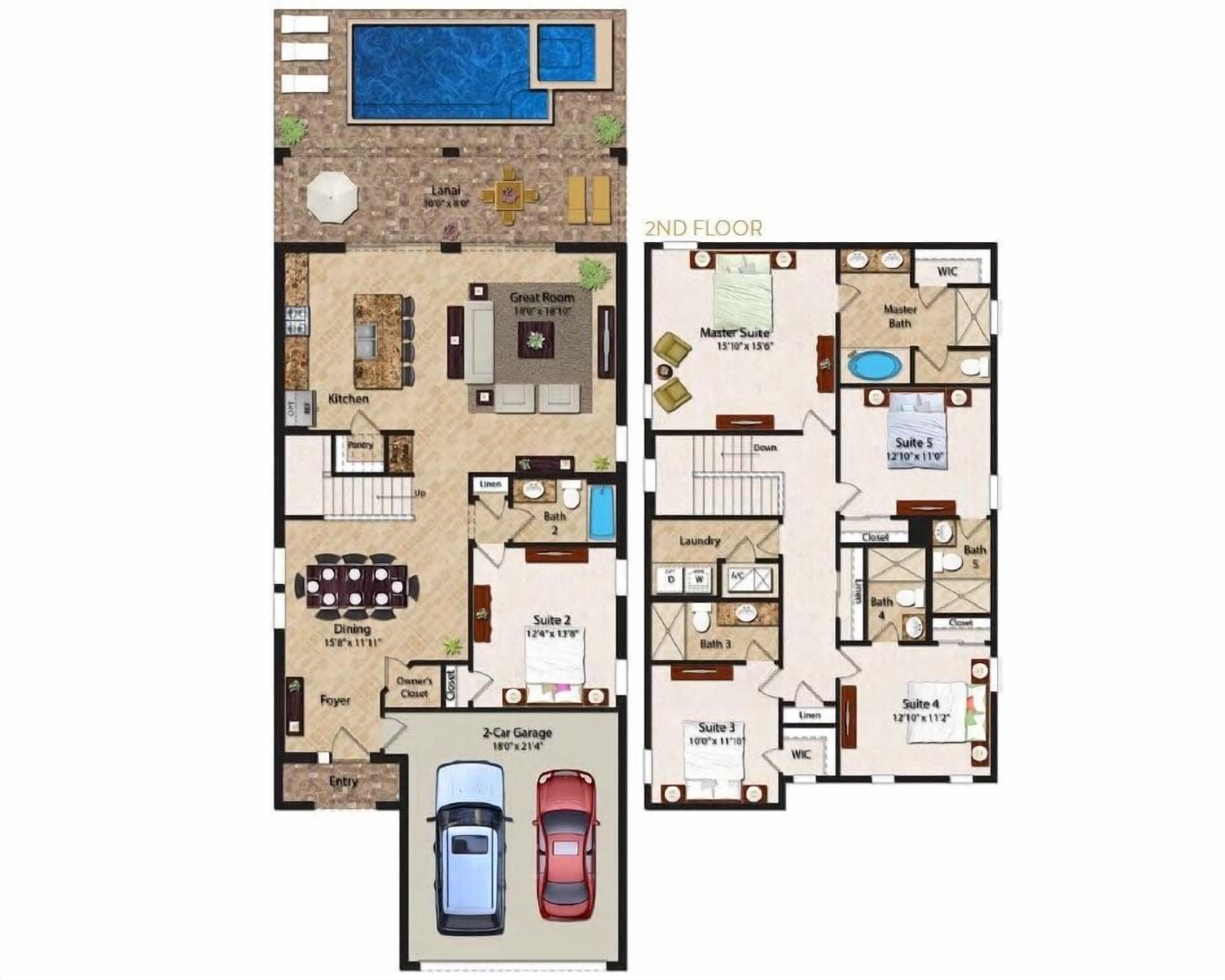 A 2nd floor layout with a dining area, kitchen, master suite, master bath, and a 2-car garage.