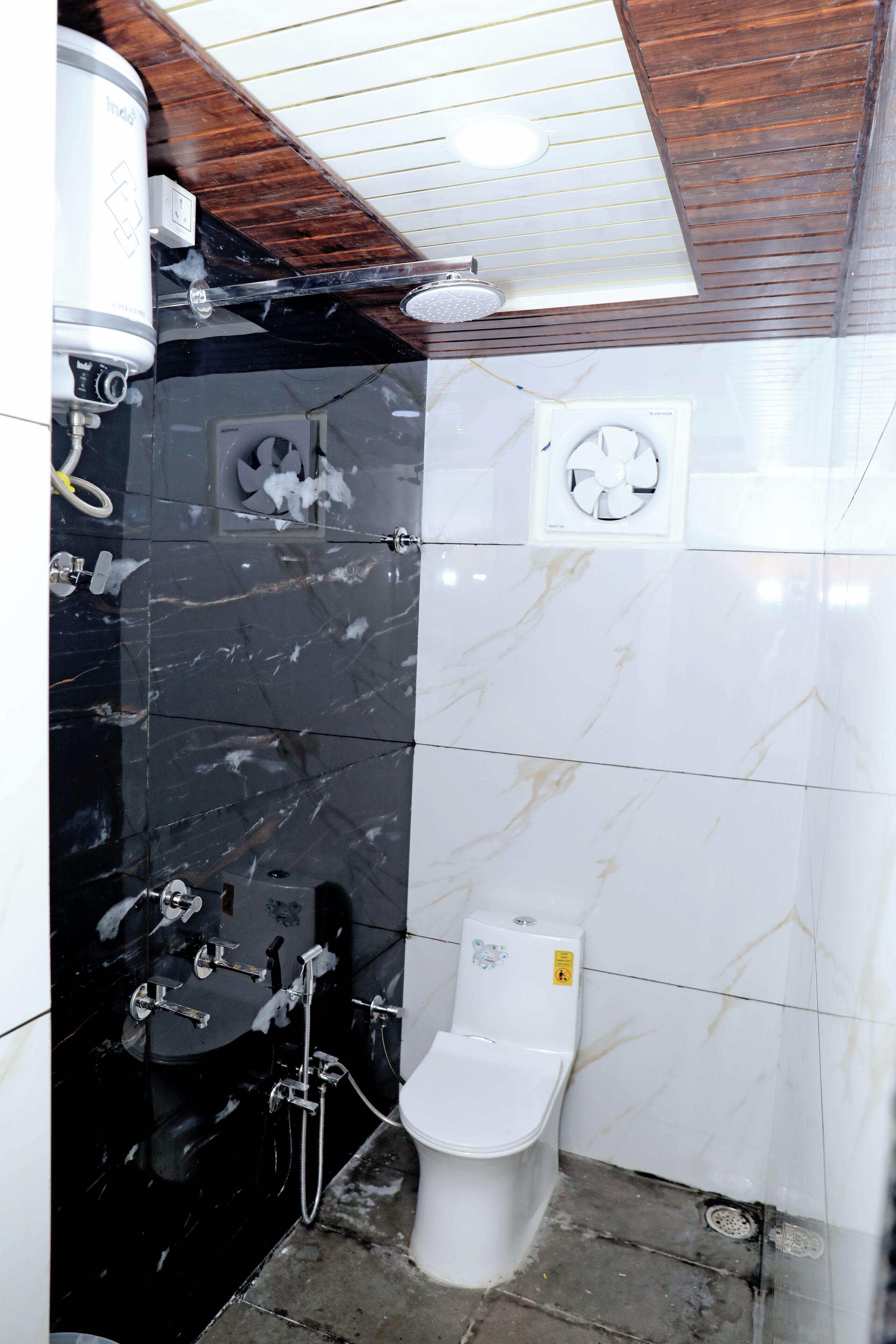 Shower, slippers, towels, soap