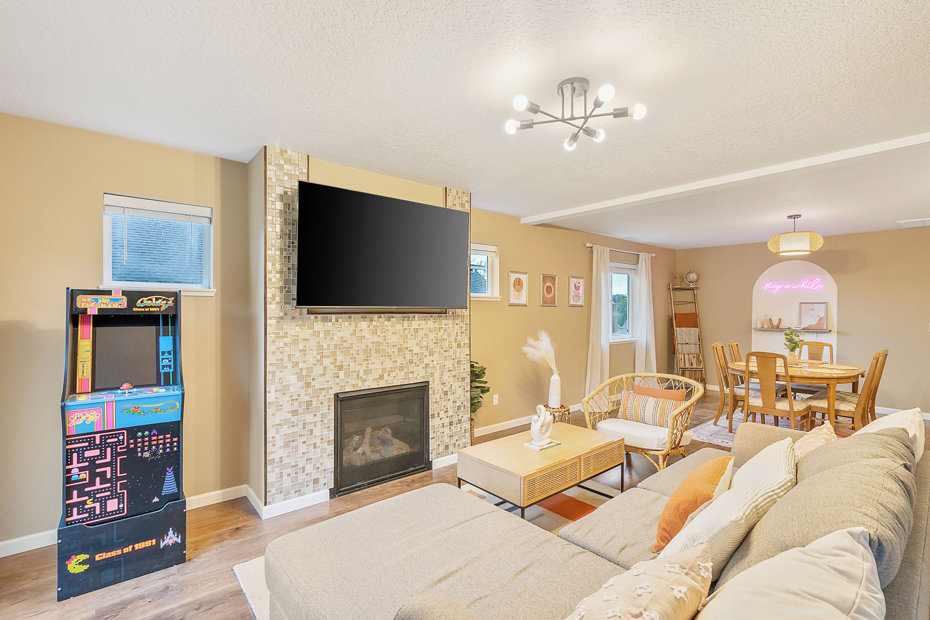 Smart TV, fireplace, video games, books