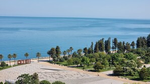 A coastal park with a paved area, palm trees, and a view of the sea.