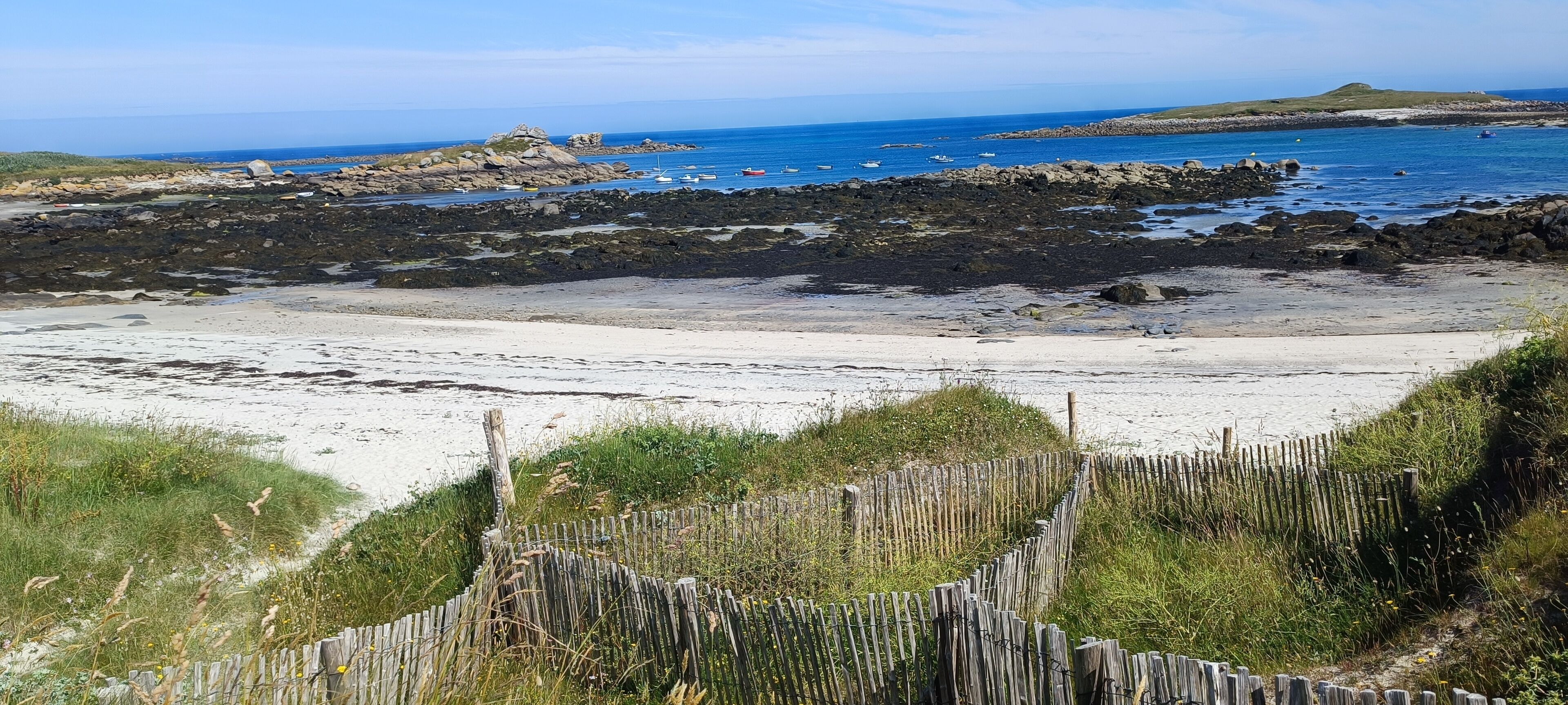 Ein Küstenstrand mit Felsen, einem Sandufer und einem Holzzaun.