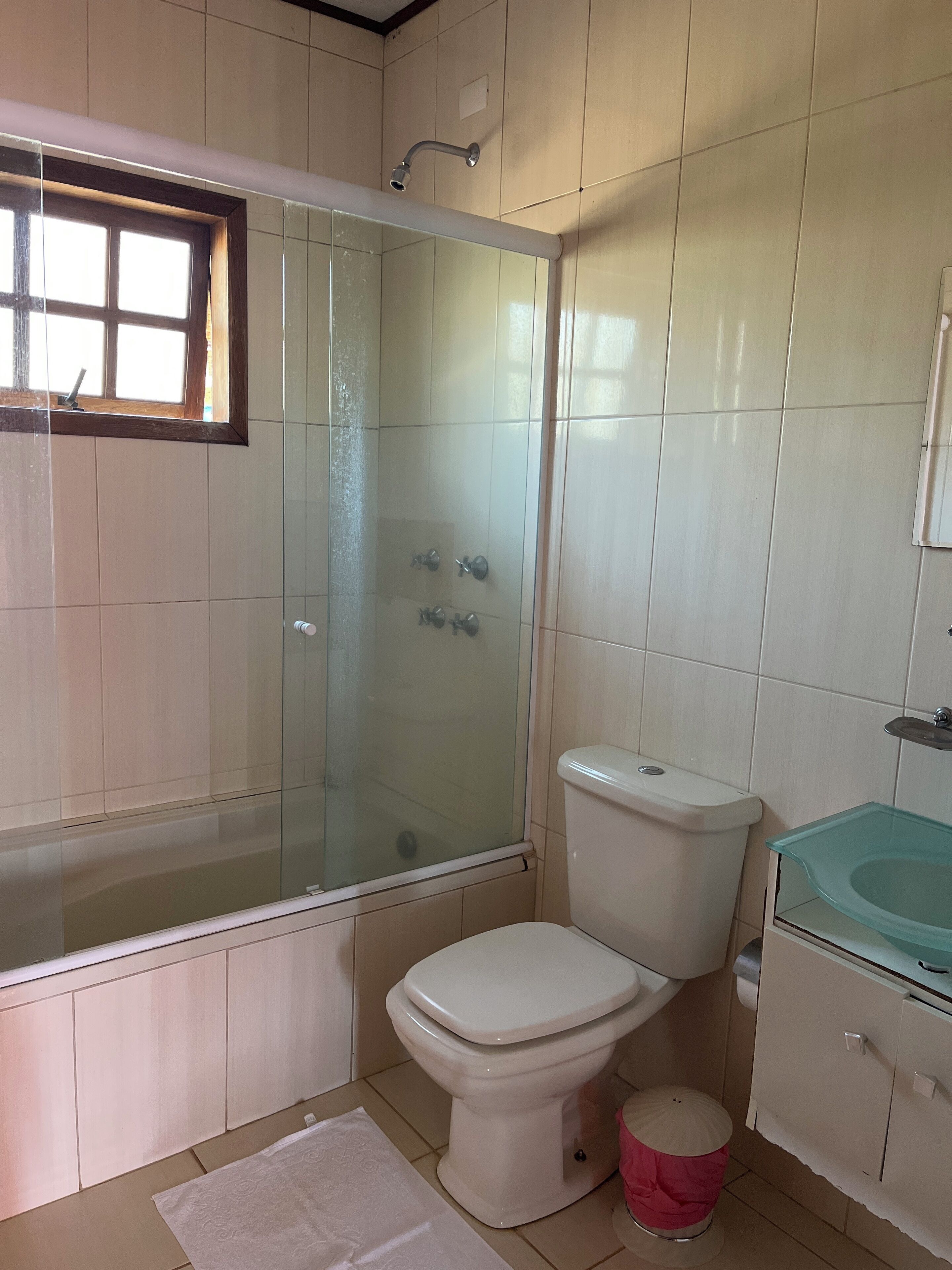 A bathroom with a glass-enclosed shower, a toilet, a sink, and a window.