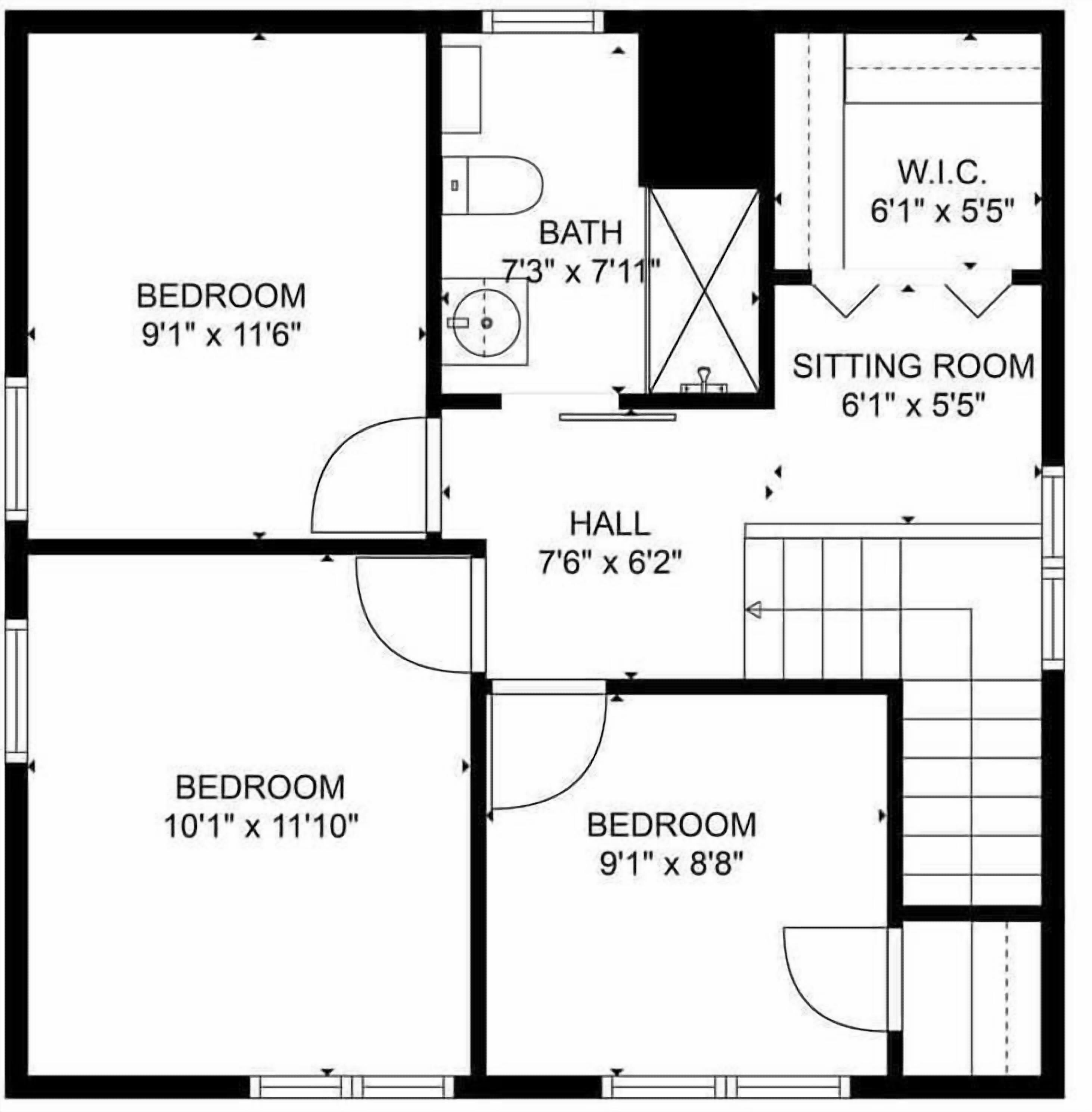 A floor plan with two bedrooms, a sitting room, a bathroom, a hall, and a W.C. The dimensions are provided for each room.