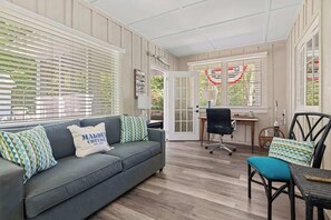 Smart TV, fireplace, books