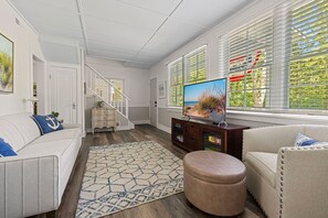 Smart TV, fireplace, books