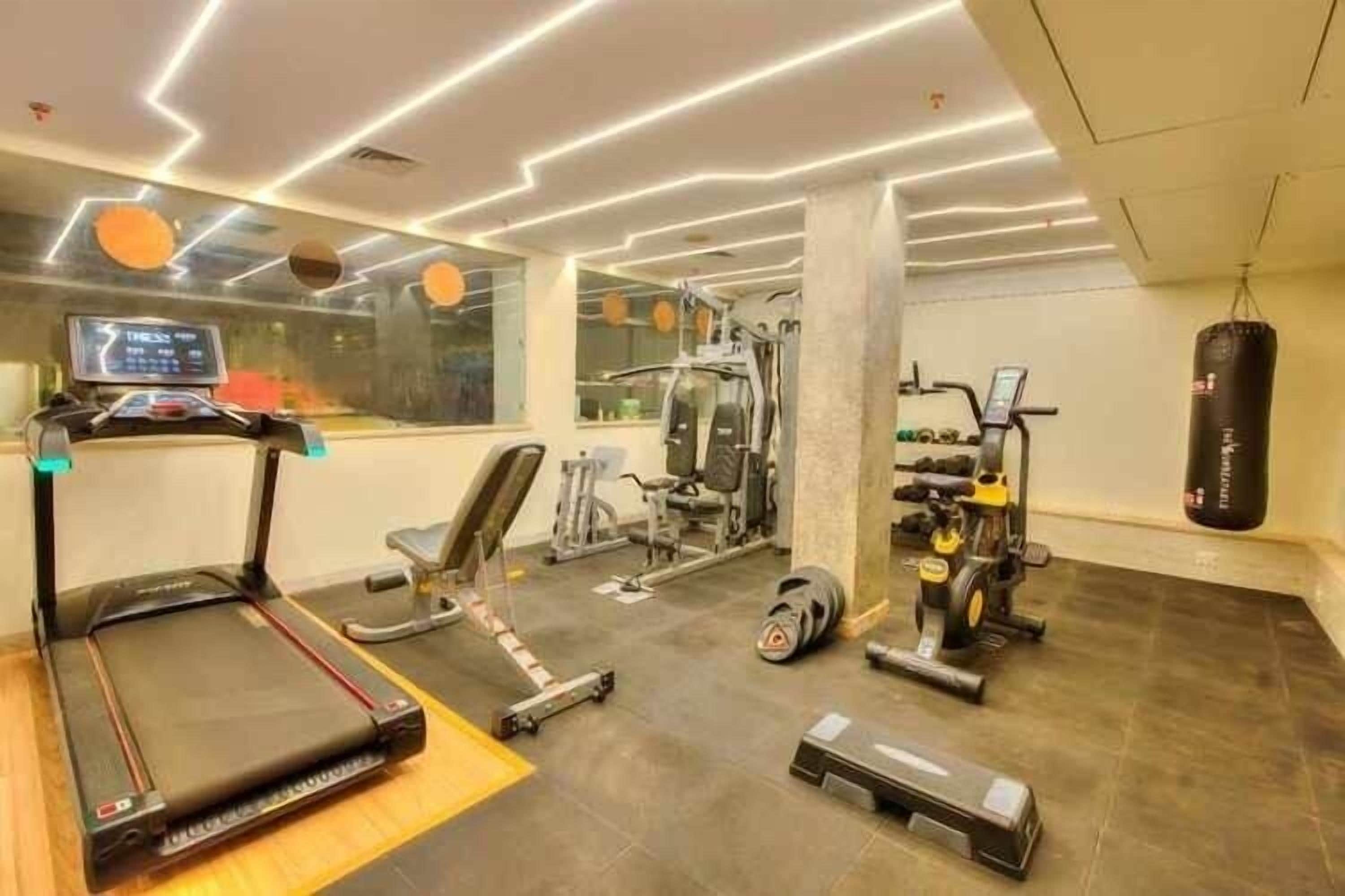A gym with a treadmill, weight machines, and a punching bag.