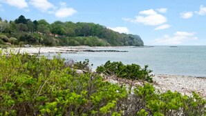 Un paisaje costero con playa, vegetación y una colina distante.