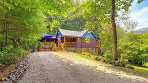 A cabin with a porch, surrounded by trees and a gravel driveway. - Dreamy Damascus Cabin ~ 1 Mi to Appalachian Trail (Damascus)
