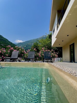 A swimming pool with clear water, surrounded by lounge chairs and pink flowers, with a mountain view in the background. - Villa Perla di Draga (Moscenicka Draga)