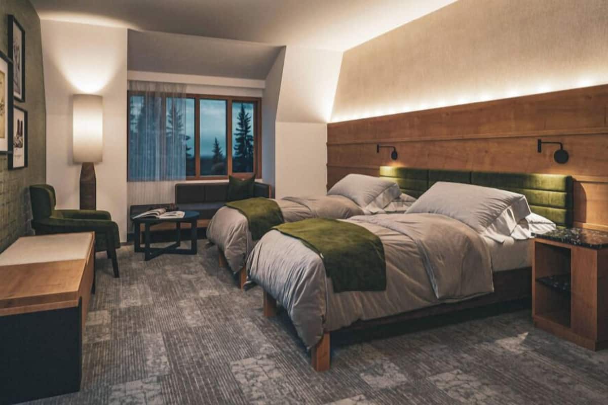 Habitación de hotel con dos camas, un escritorio, una silla, una lámpara y una ventana con vistas a árboles.