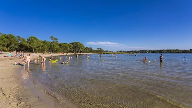 Een strand met helder water, mensen die zwemmen en spelen, en een bebost gebied op de achtergrond.
