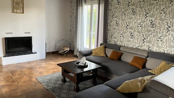 Télévision, cheminée, livres