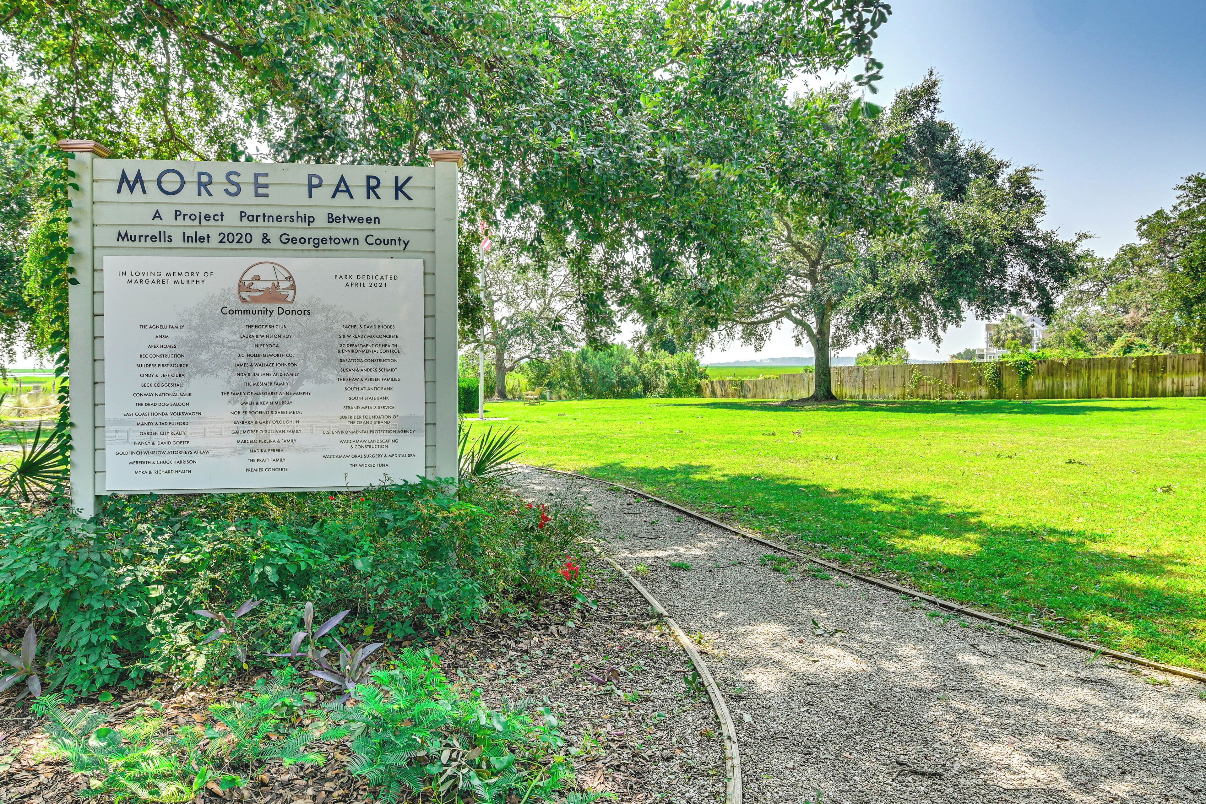 A sign for Morse Park, listing community donors and dedicating the park in memory of Margaret Murphy.