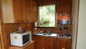 Een kleine keuken met houten kastjes, een magnetron, een spoelbak en een fornuis.