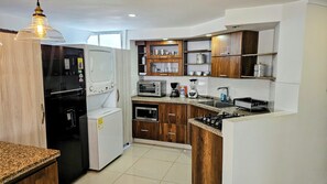 Fridge, microwave, coffee/tea maker, blender
