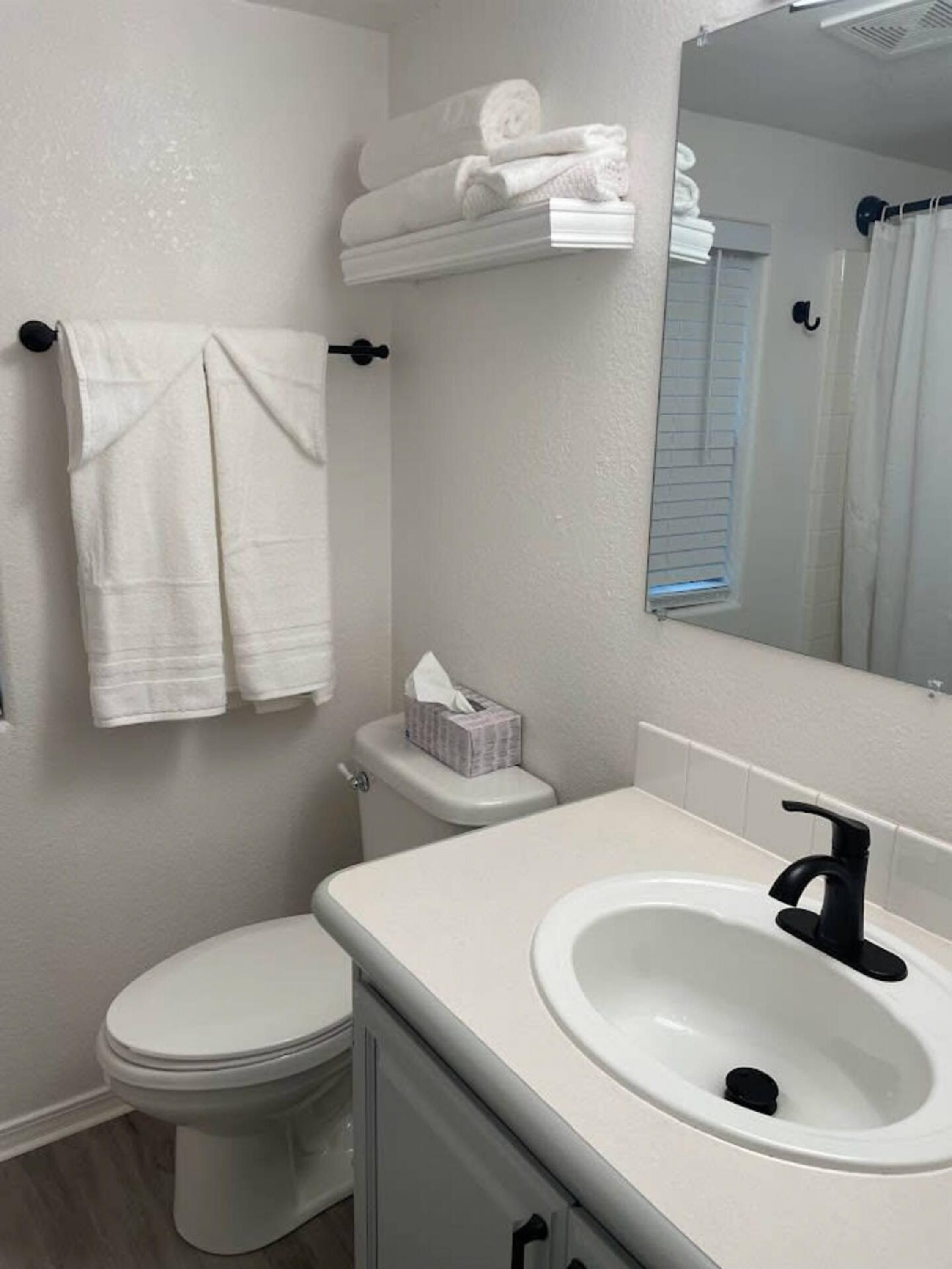 A bathroom with a white toilet, a sink, and a mirror. There are towels hanging on a rack and a tissue box on the toilet.