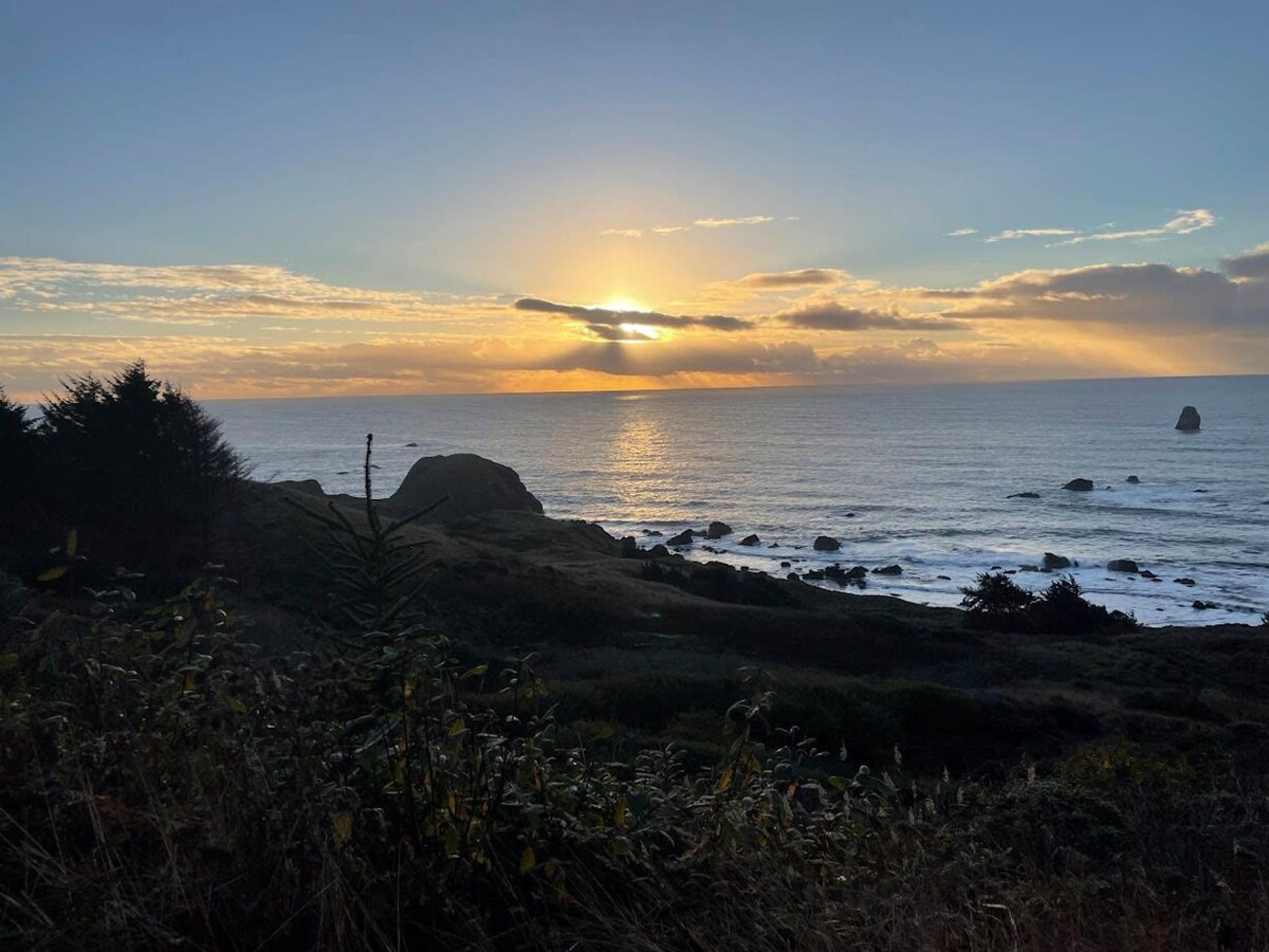 Un paysage côtier avec un coucher de soleil sur l’océan, un terrain rocheux et une végétation clairsemée.