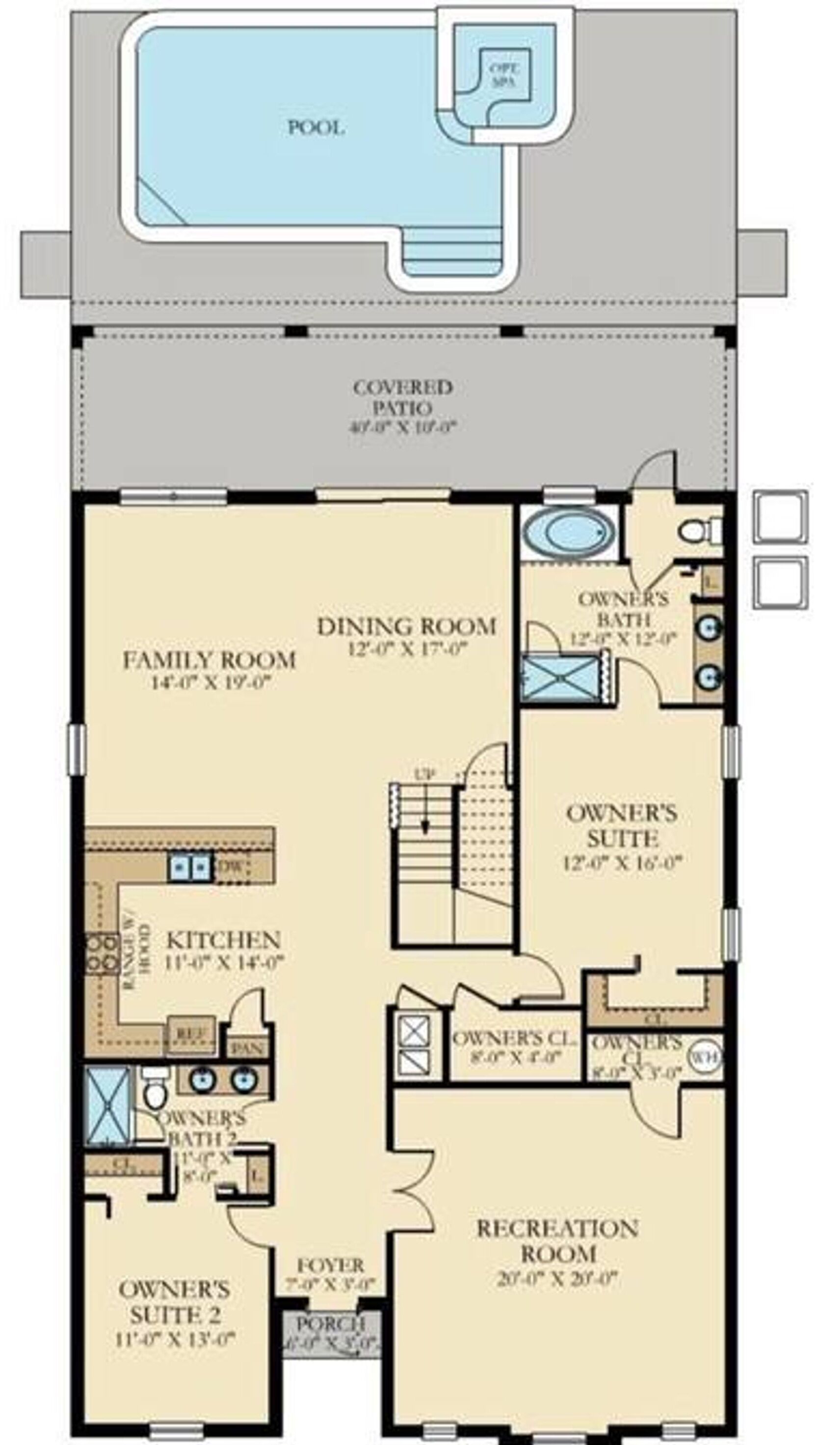 A floor plan of a house with a covered patio, family room, dining room, kitchen, owner's suite, owner's suite 2, recreation room, owner's bath, owner's bath 2, owner's suite 3, owner's suite 4, and a pool.