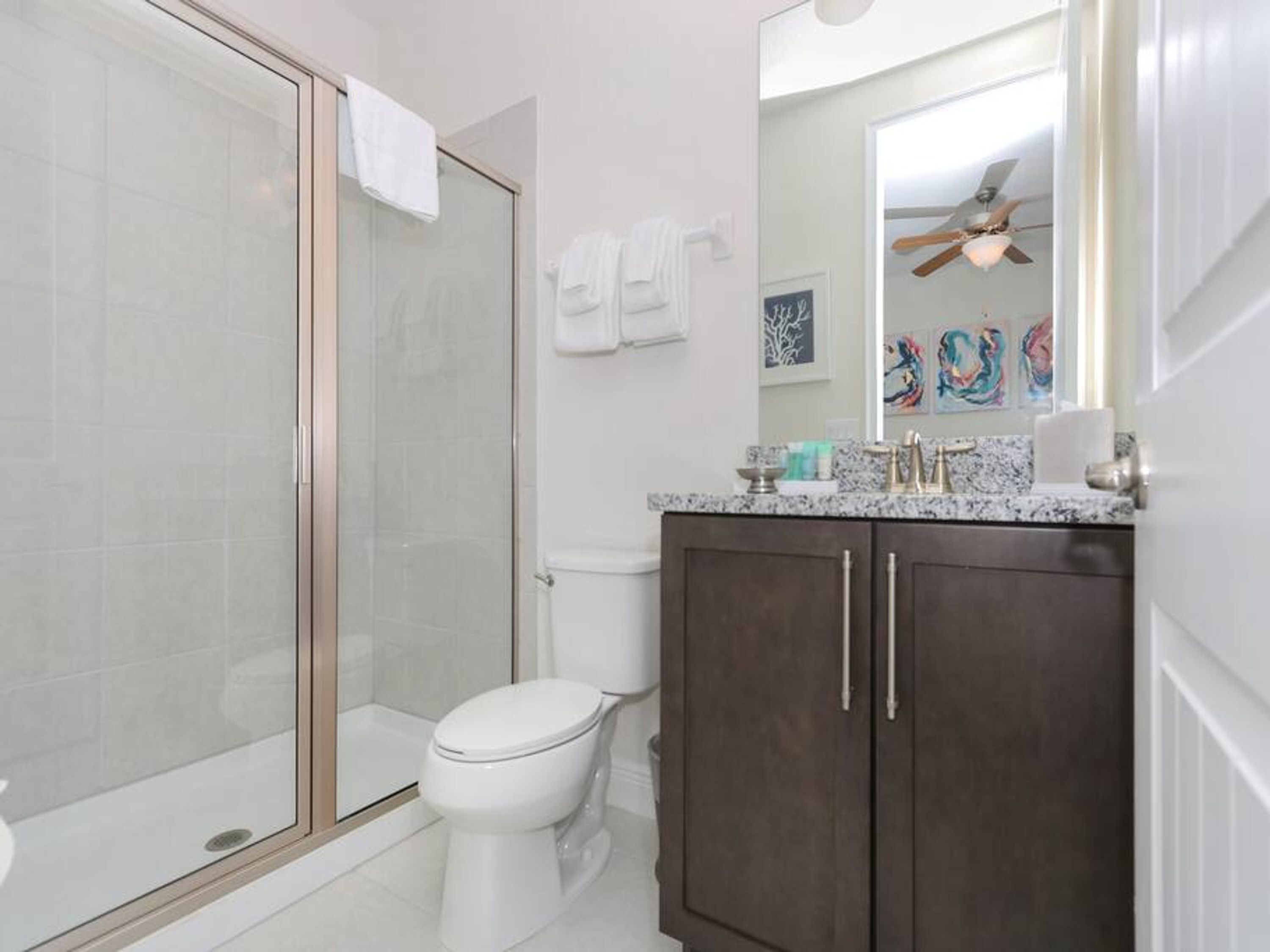 Une salle de bain moderne avec une douche à parois de verre, des toilettes et un meuble-lavabo avec un miroir.