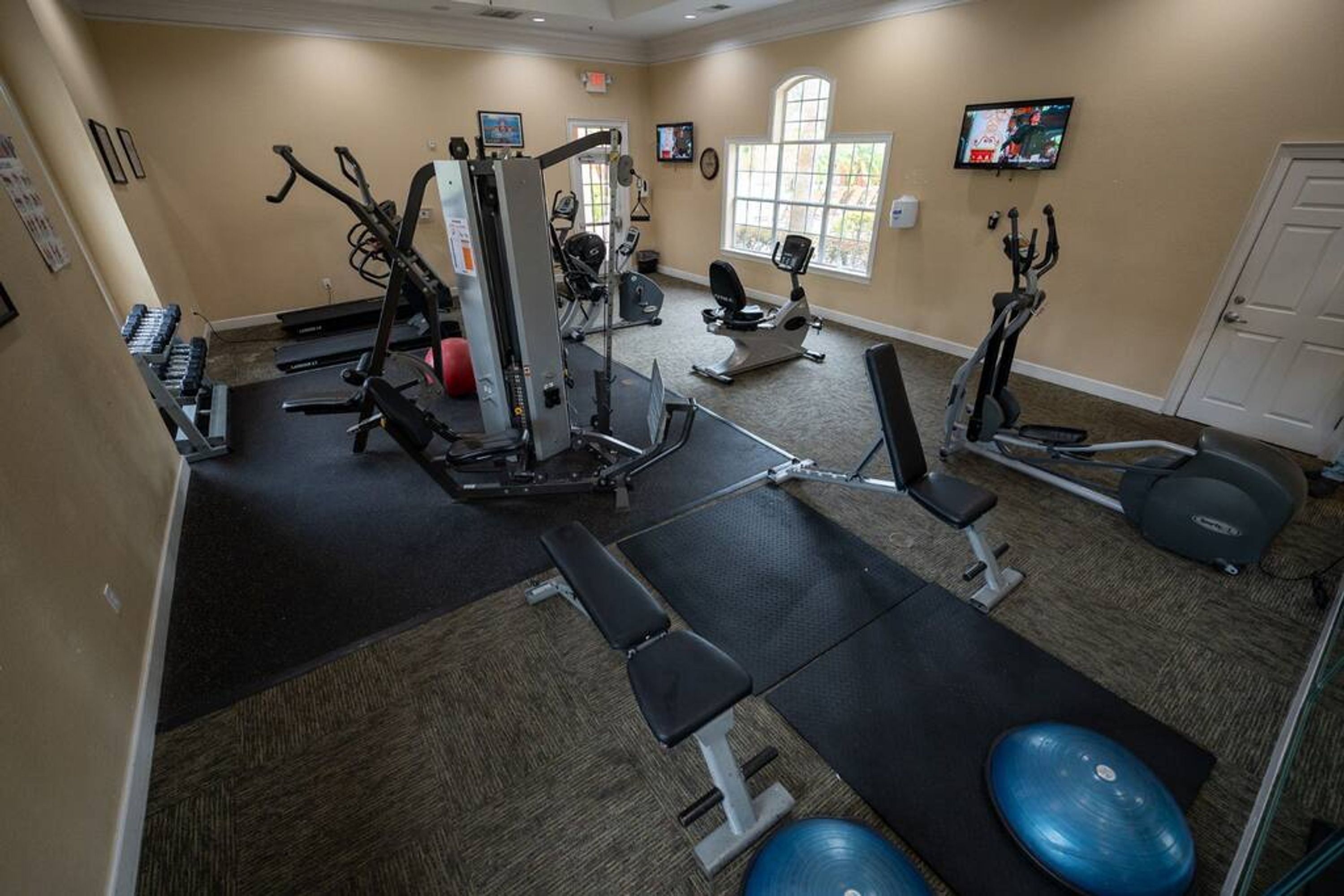 A gym with various exercise equipment, a bench, and exercise balls.