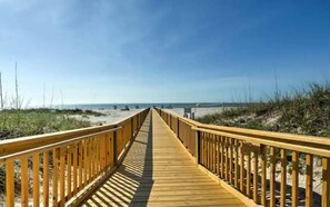 On the beach, sun-loungers, beach towels