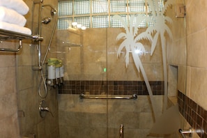 Shower, hair dryer, towels, soap