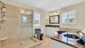 Shower, jetted tub, hair dryer, towels