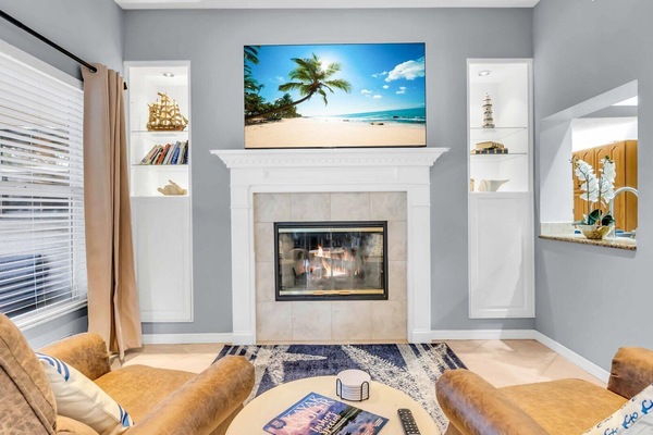 Smart TV, fireplace, foosball, books