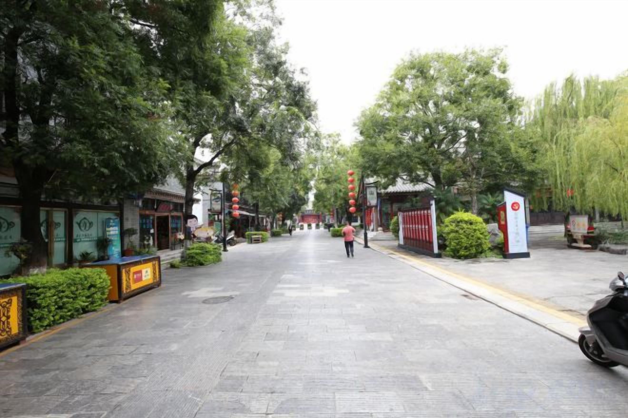 A paved pathway lined with trees and a few buildings, leading to a distant entrance.
