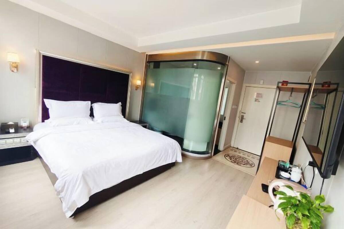 Une chambre d’hôtel moderne avec un grand lit, un ascenseur en verre, une petite salle de bain et une plante.