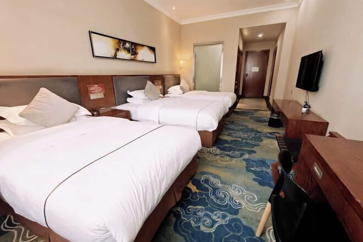 Een hotelkamer met twee bedden, een televisie, een bureau en een vloerbedekking.