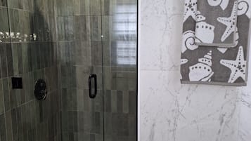 Regadera, secadora de cabello, toallas, jabón