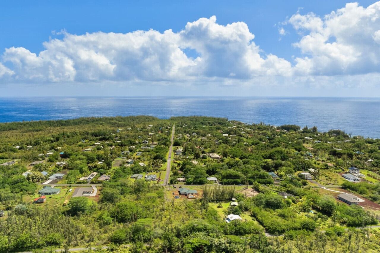 An aerial view of a coastal residential area with houses and greenery, a clear sky, and the ocean in the background.