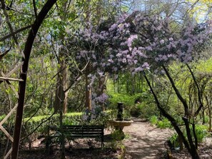 Un sendero atraviesa un jardín con un banco y una fuente.