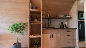 A modern kitchen with wooden cabinets, a built-in sink, and a potted plant.
