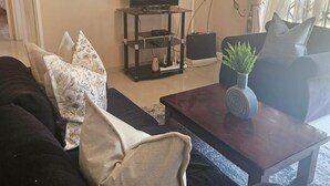 Un soggiorno con un divano scuro, un tavolino in legno, una televisione su un mobile basso e una pianta in vaso.