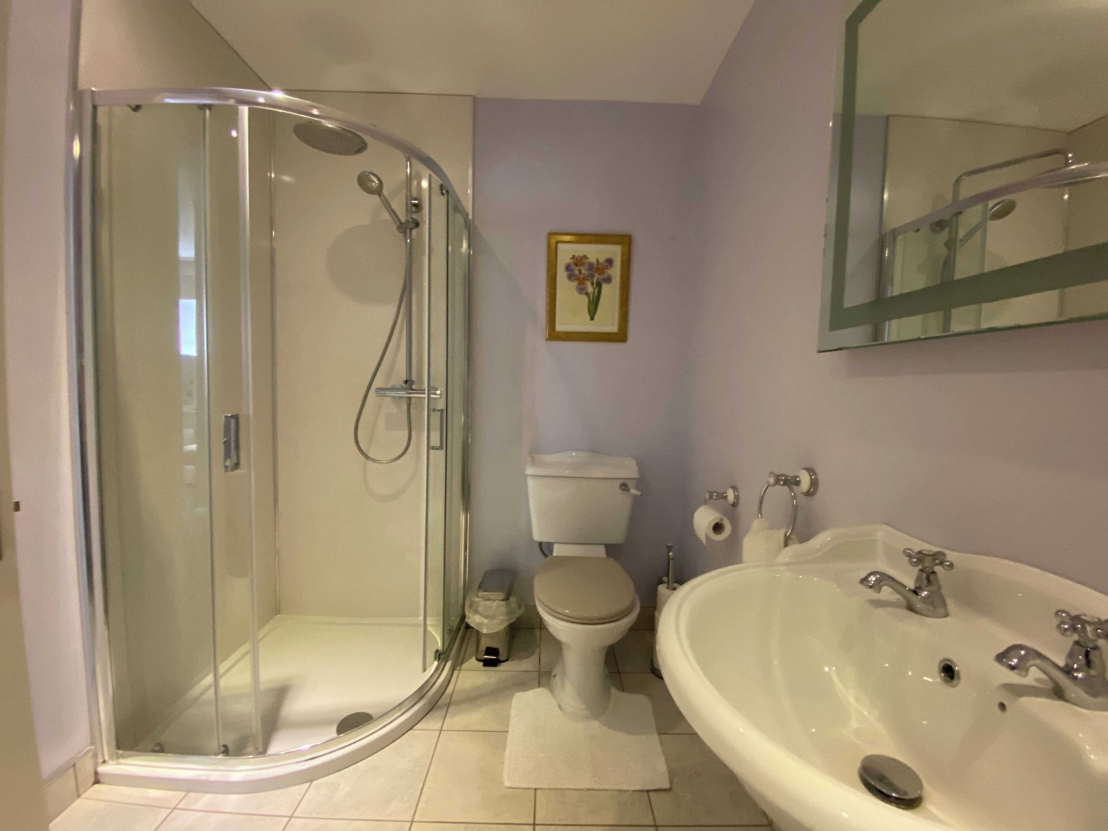 Un baño con ducha separada por mampara de vidrio, inodoro y una bañera grande.