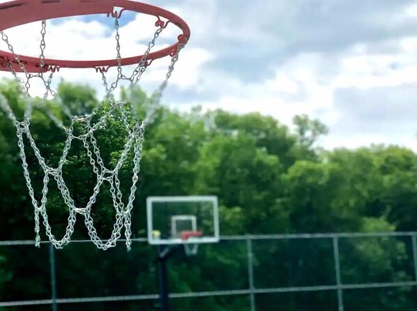 Een basketbalring met een kettingnet, voor een achtergrond van bomen en een bewolkte lucht.
