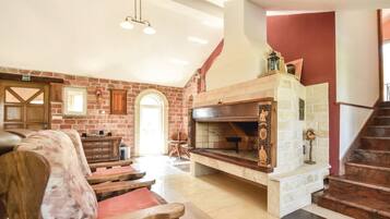 TV, fireplace, foosball