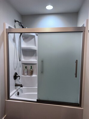 Shower, towels, soap, shampoo