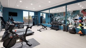 A modern gym with cardio machines, free weights, and a large mirror.