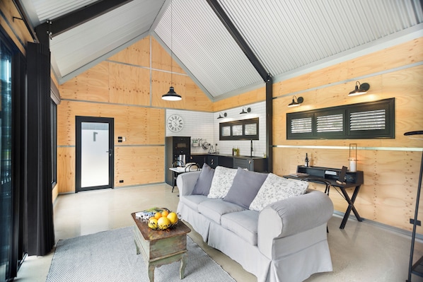 Smart TV, chimenea y libros 