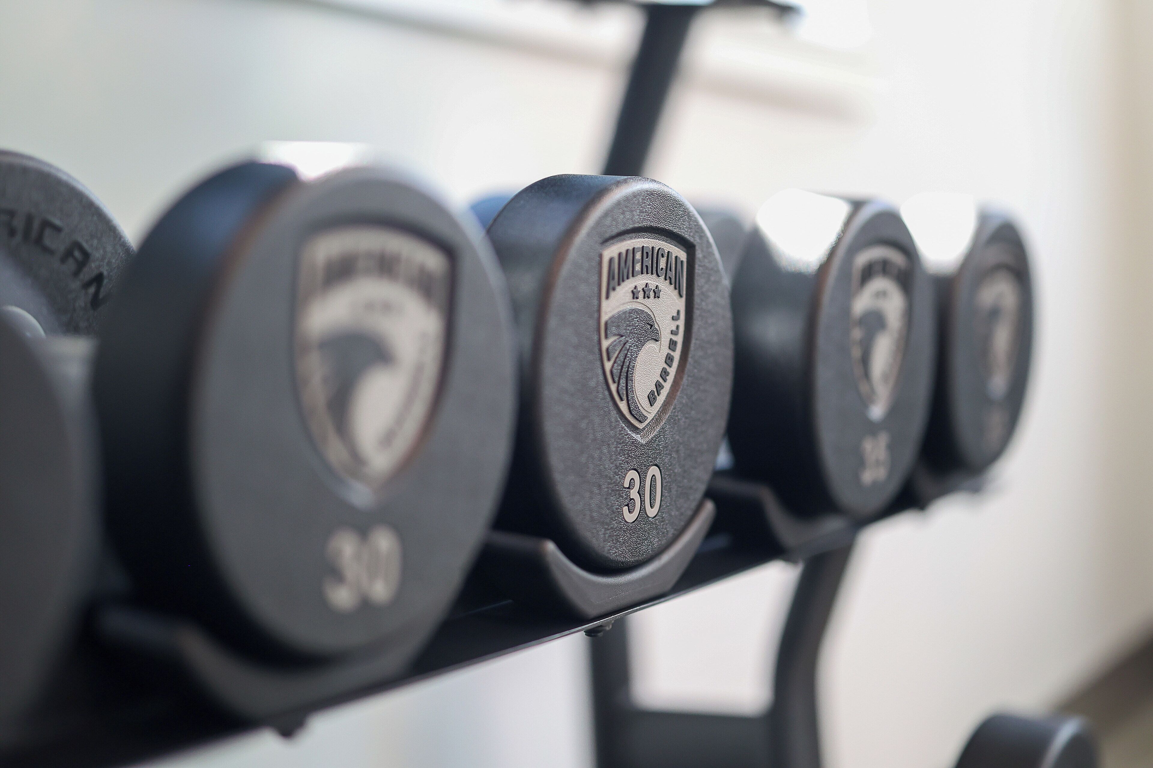 A row of dumbbells with the brand "AMERICAN" and weight markings.