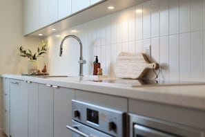 Basic Studio | Private kitchen | Full-sized fridge, microwave, oven, stovetop