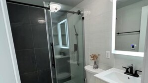 A modern bathroom with a glass-enclosed shower, a white toilet, and a vanity with a mirror. - SI HOUSE - Lovely 2 bedroom unit in Staten Island (Staten Island)