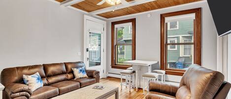 Smart TV, fireplace, books