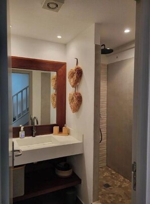 Shower, hair dryer, towels, soap